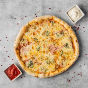 Pizza Quattro Formaggi & Șuncă, 650g,1350g E300, E250, E451